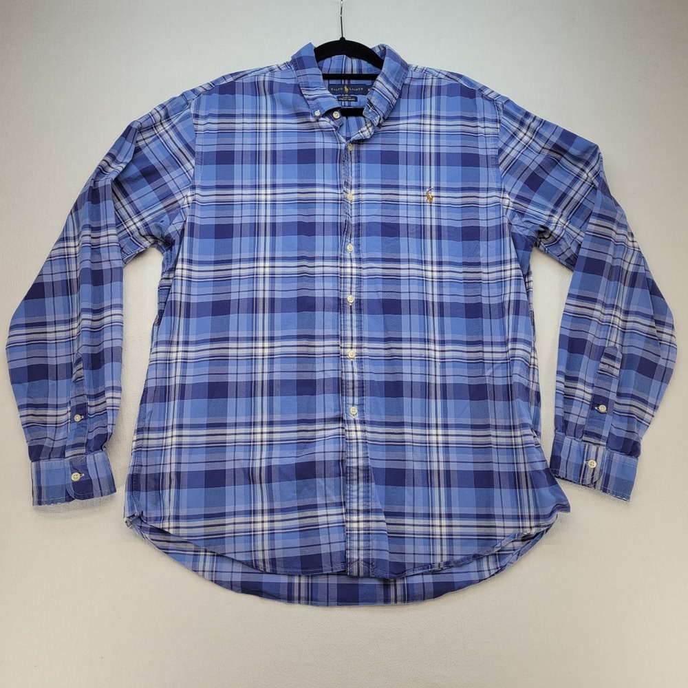 Ralph Lauren Shirt Men 2XL Blue Plaid Slim Fit Stretch Oxford Button Down Preppy